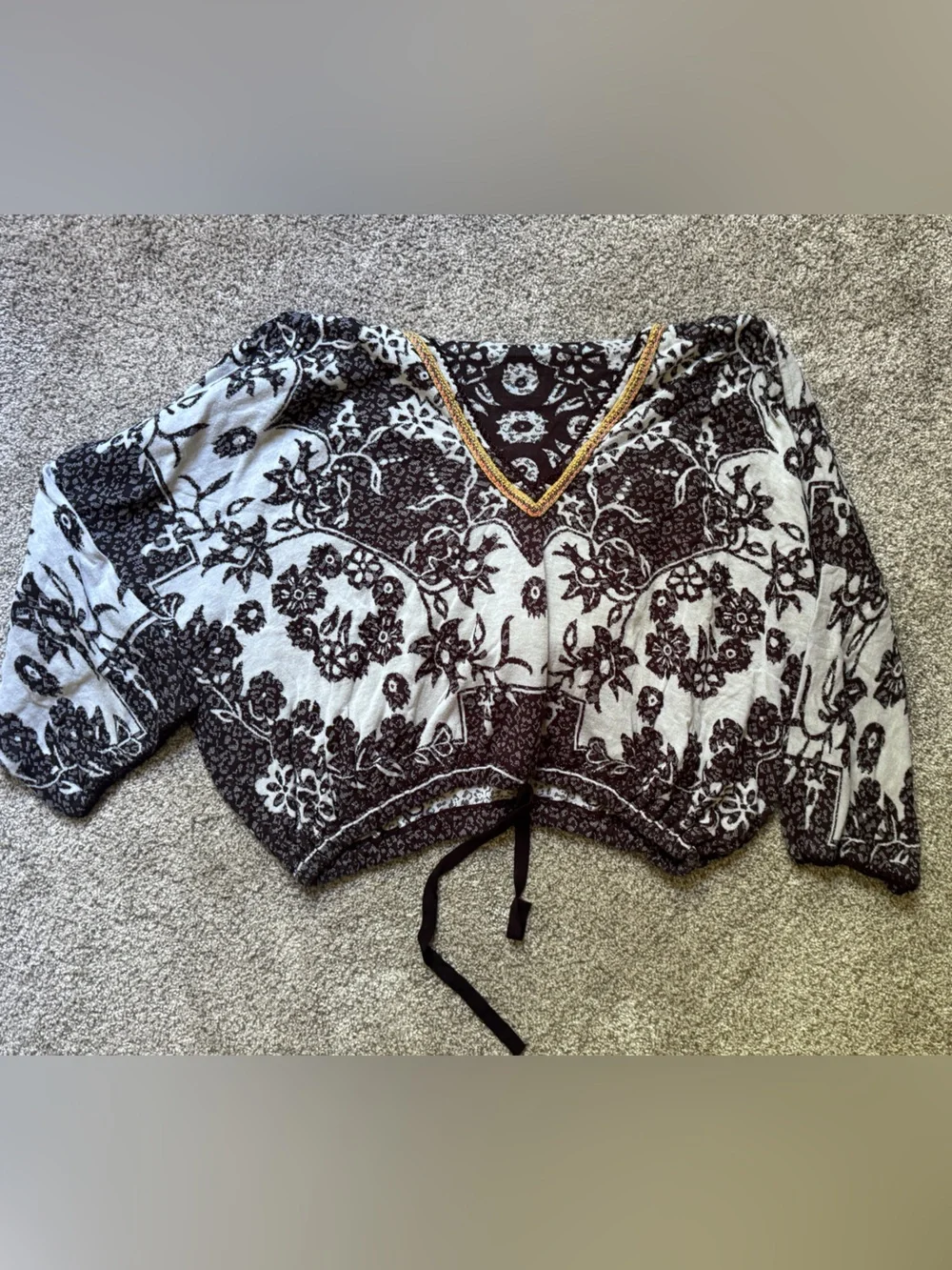 Free People Black & White Floral Tie-Front lightweight Hoodie with drawstring